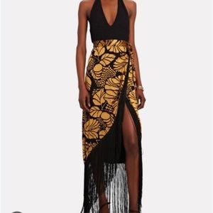 AZULU Grassland Fringed Floral Wrap Skirt in gold and black